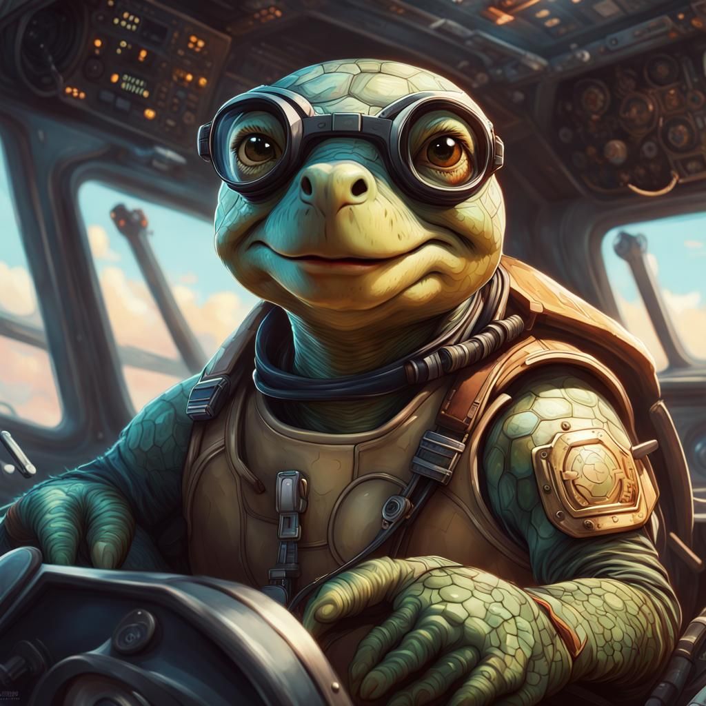 Adorable Turtle Pilot Portrait, Detailed Digital Art