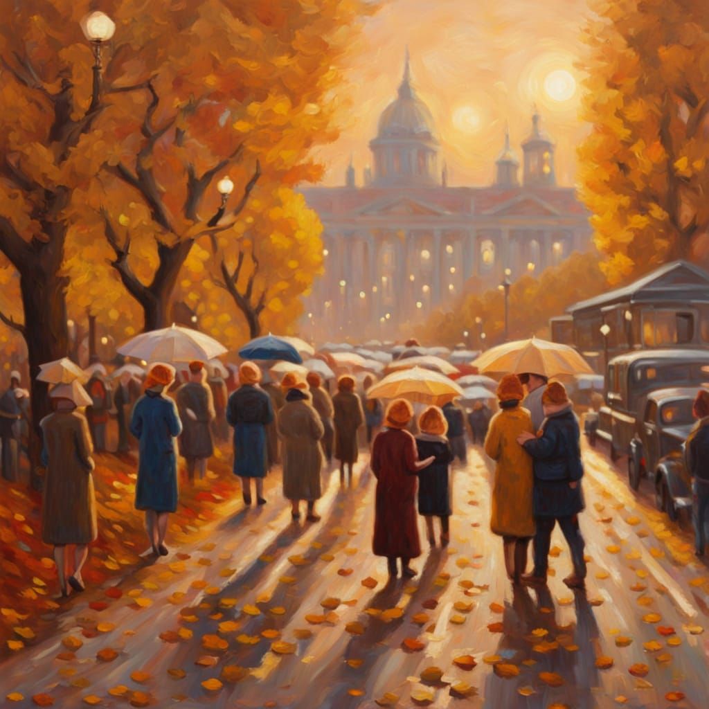 Surreal Cozy Autumn Parade Oil Painting