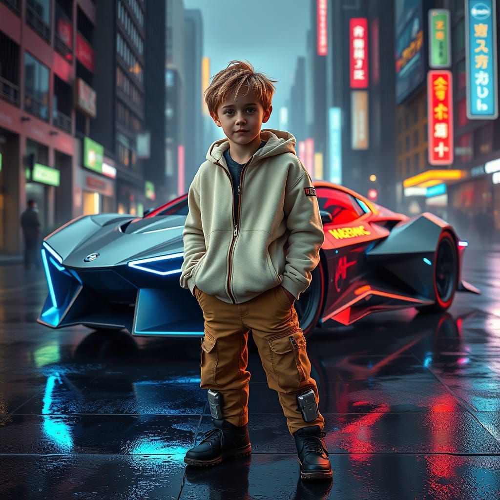 Confident Boy Stands Beside Futuristic Flying Car-Spaceship...