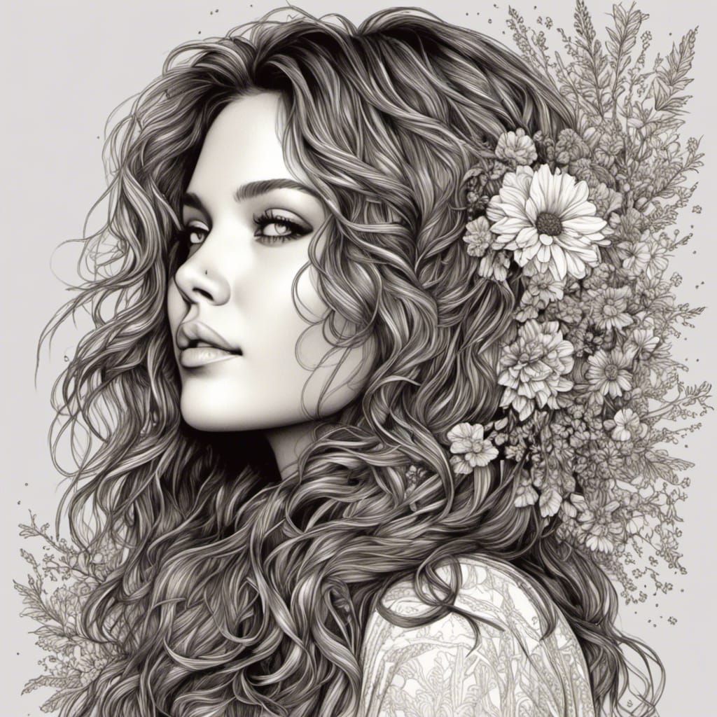 Hand-Drawn Profile of Young Woman with Flowers