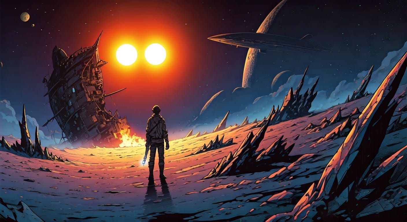 Brave Explorer Stands Tall on Twin Suns Moon in Steampunk Wr...