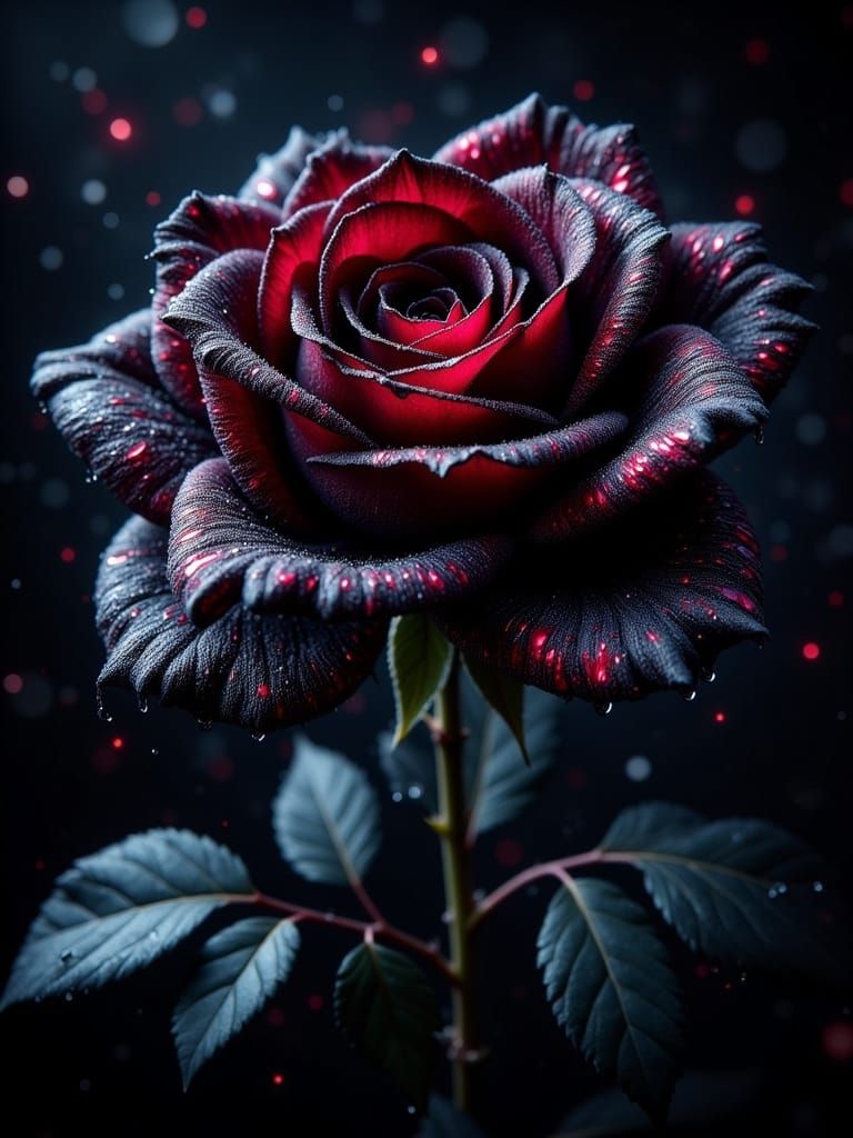 Exotic Black Galaxy Rose with Shimmering Dew