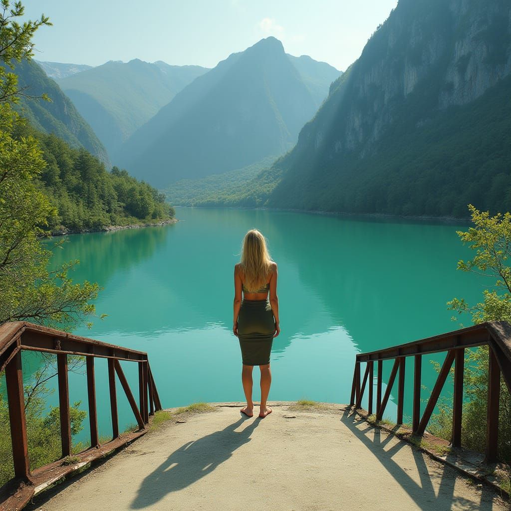 Woman on Concrete Platform Gazing at Turquoise Water and Mou...