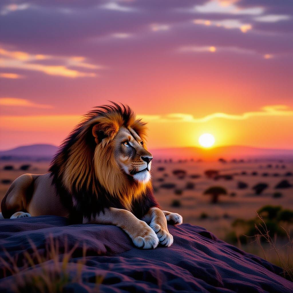 Majestic Lion Resting at Hazy Sunset on Rocky Kopje