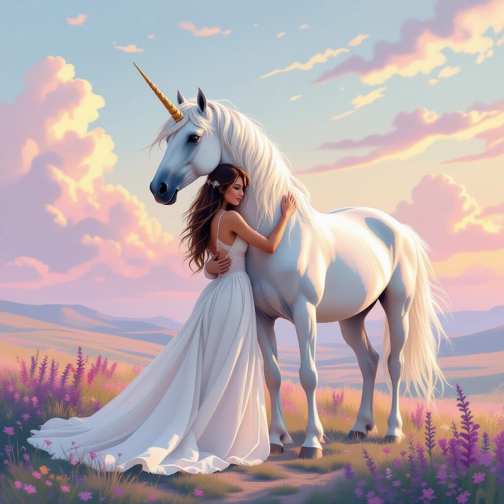 Girl Hugs Unicorn in Pastel Dreamscape