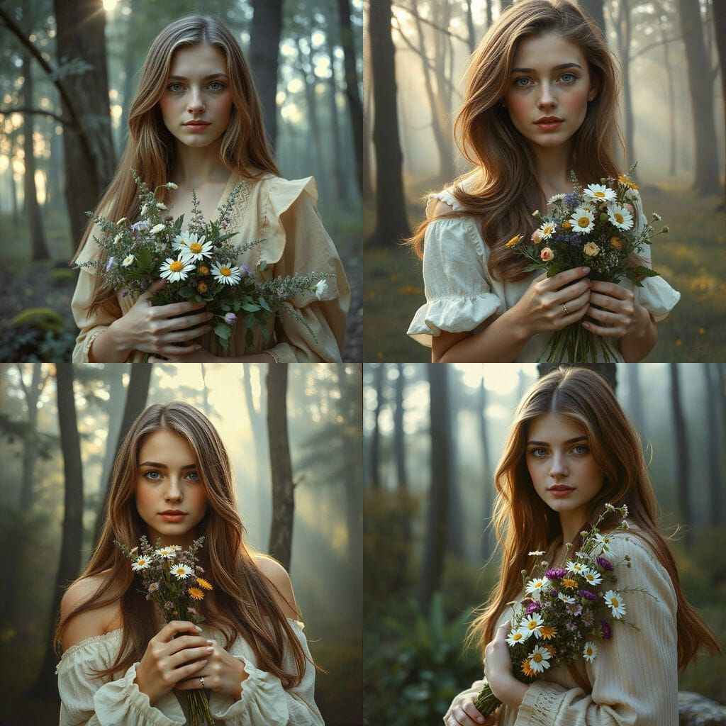 Woman with Wildflowers in Misty Forest at Dawn