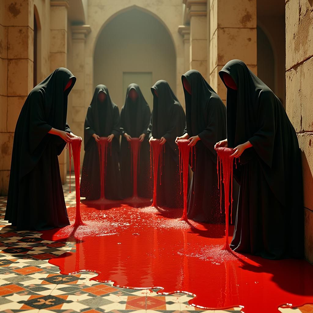 Witchy Women Washing Red Liquid: Vintage Photograph