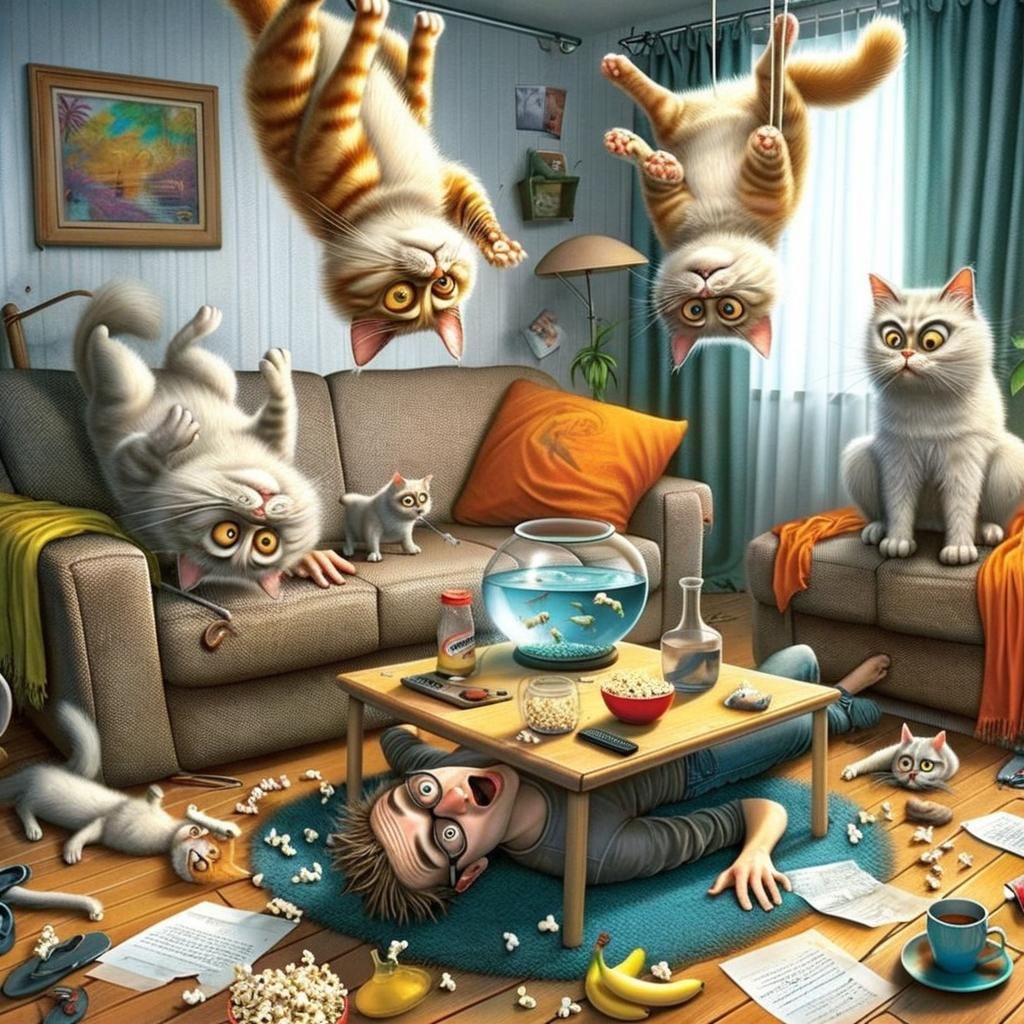Whimsical Cartoon Living Room Chaos with Cats