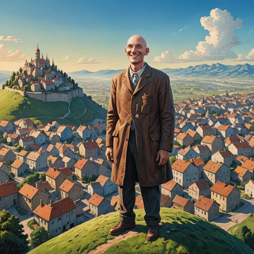 Surreal Giant Smiles Upon Town From Hilltop