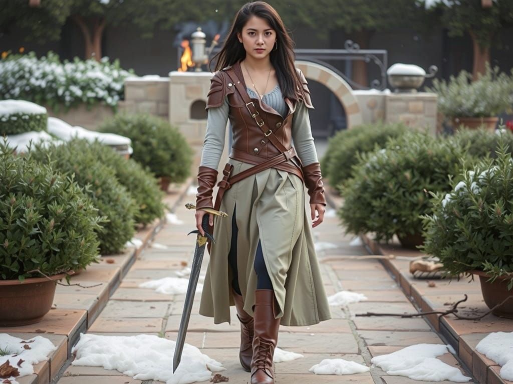 Medieval Warrior Maiden in Snowy Landscape