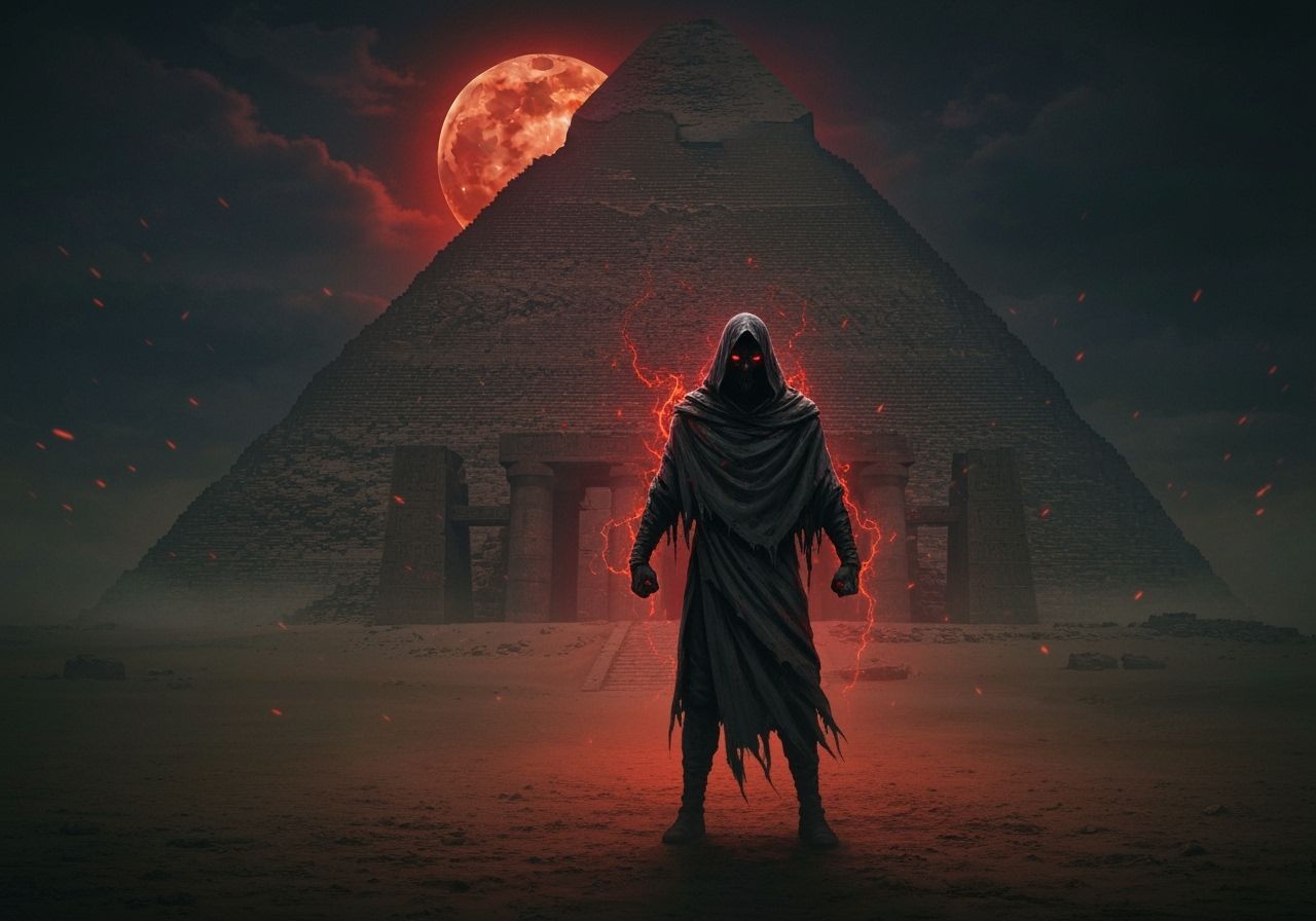 Shadowy Figure Before Crumbling Pyramid Under Blood Moon