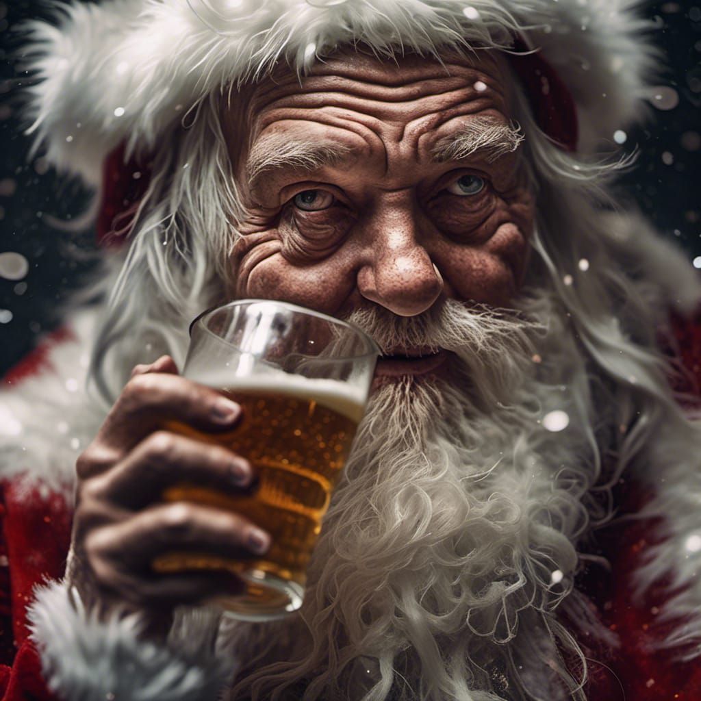 Santa Claus Portrait Drinking Beer in Hyperreal Style