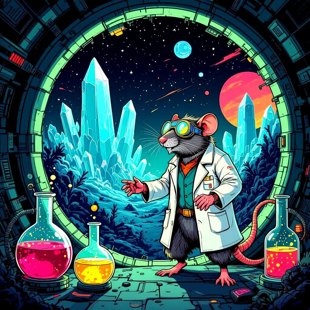In a hidden laboratory beneath a bustling metropolis, a lone, grizzled, anthropomorphic rat scientist toils away, surrou...