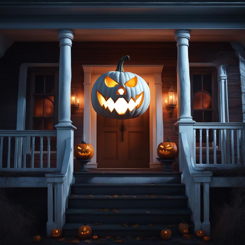 Demonic Jack-o'-Lantern on Haunted House Porch