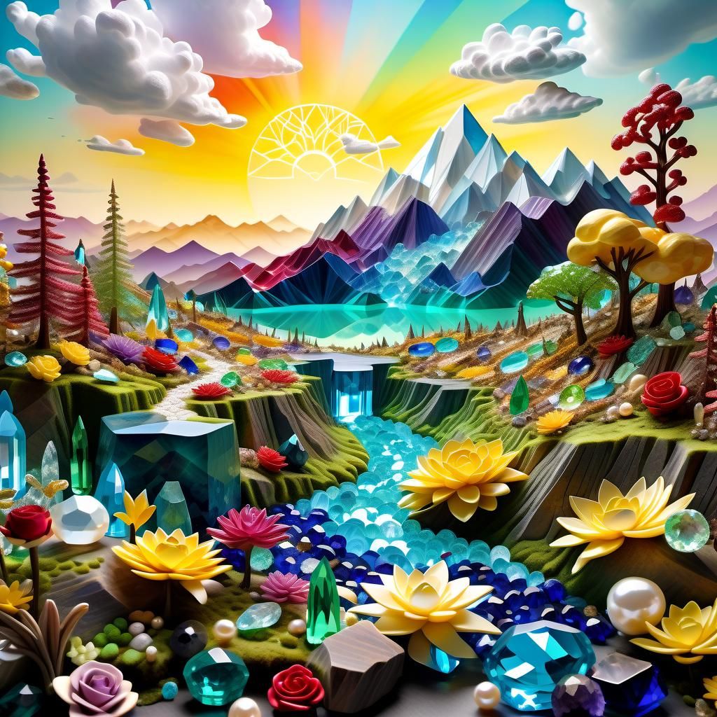 Vibrant Gemstone Fantasy Landscape in Soft Golden Light