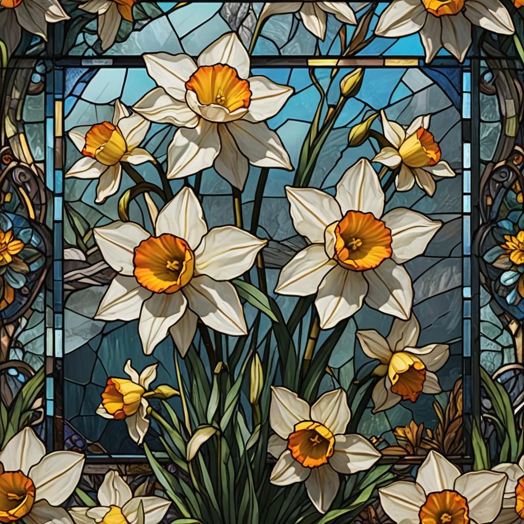 Narcissus Flower in Stained Glass Style