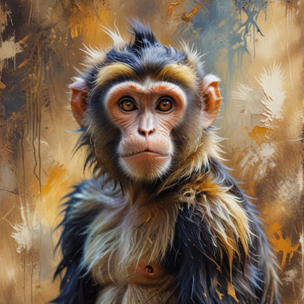 Curious Monkey Portrait in Grunge Oil Painting Style