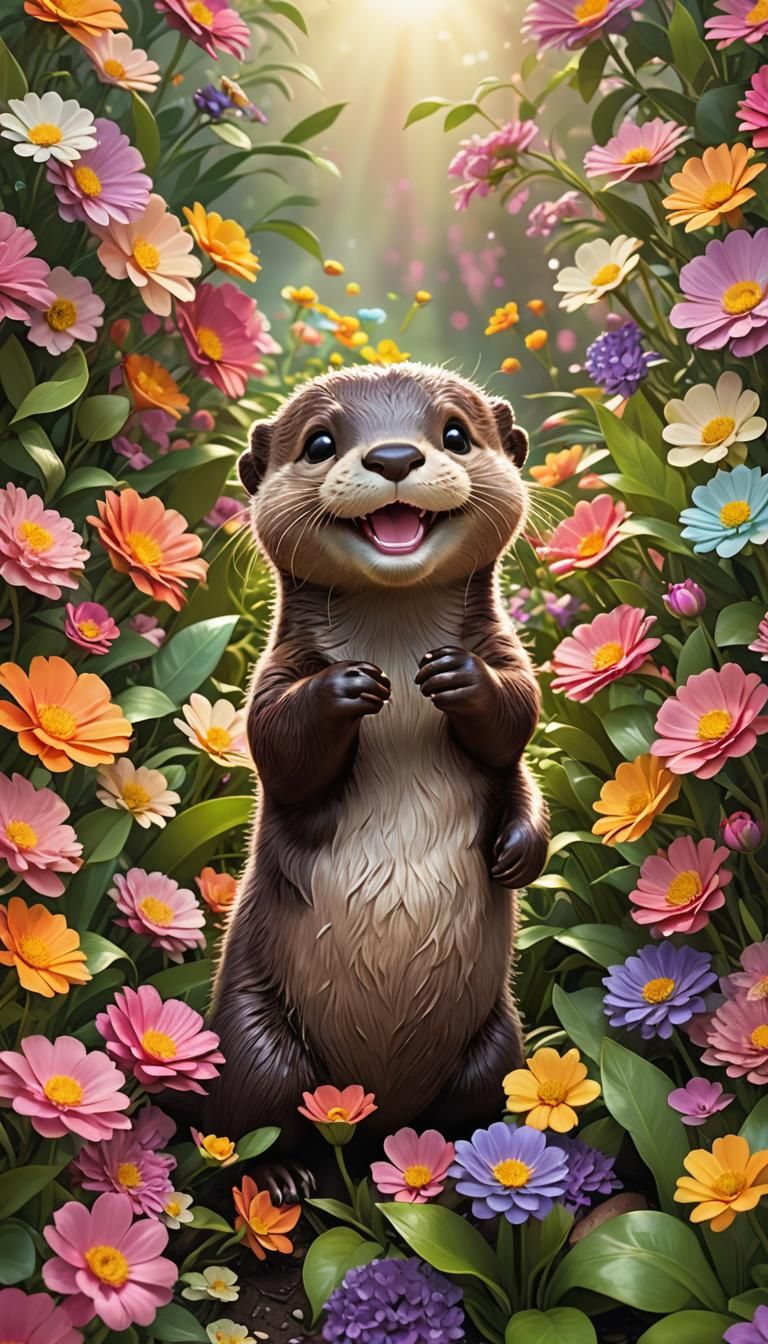 Smiling Baby Otter with Coffee in Flower Garden