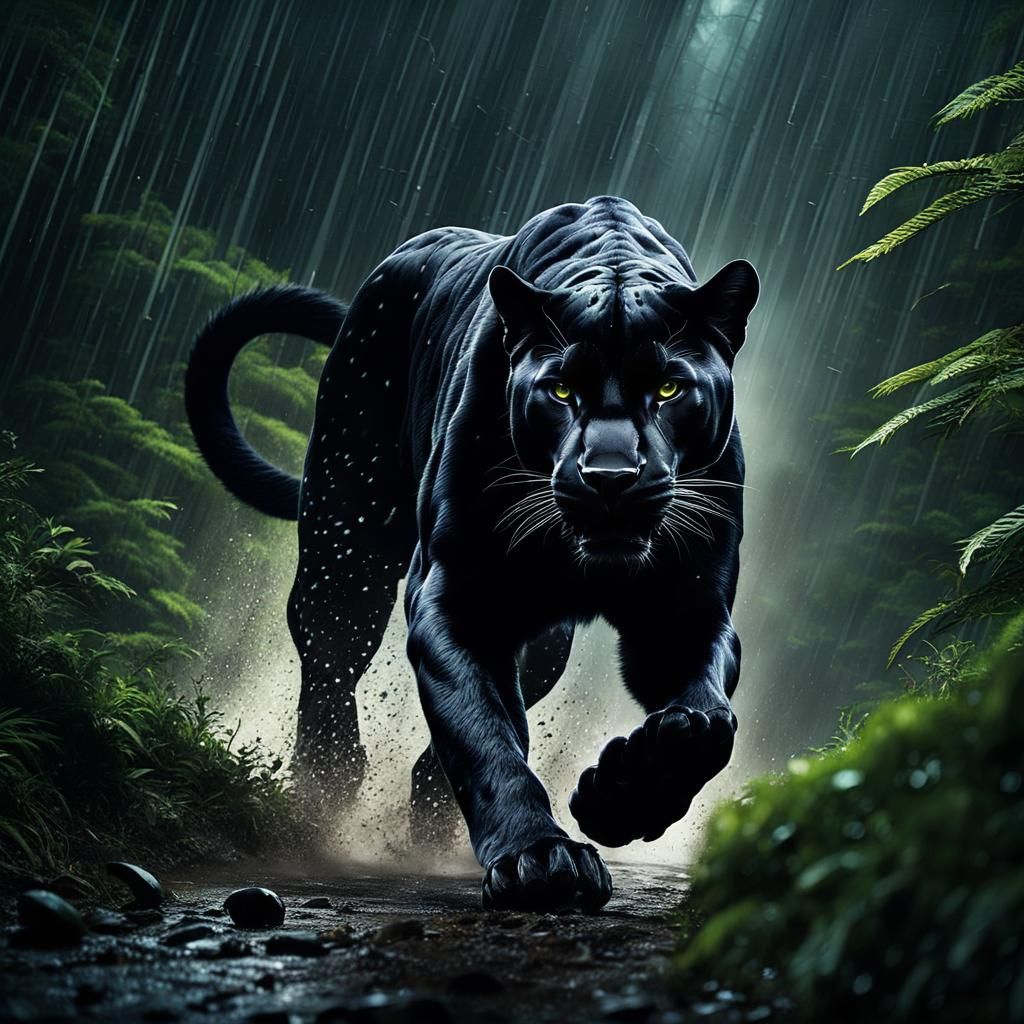 Black Panther Runs Through Dark Rainy Forest
