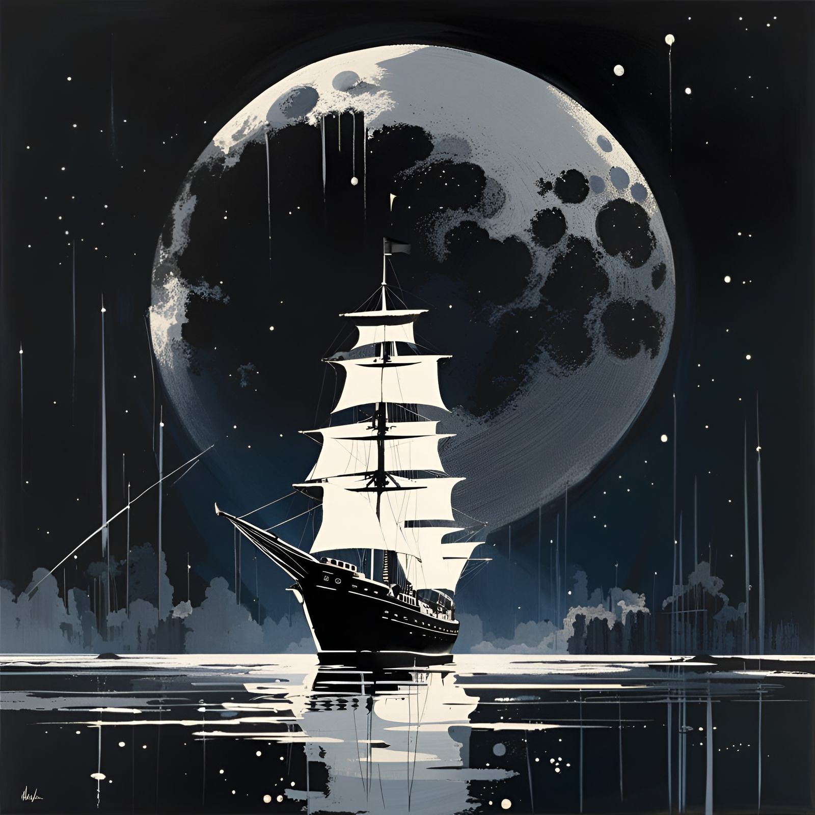 Moonlit Ship with White Motifs in Splash Art Style