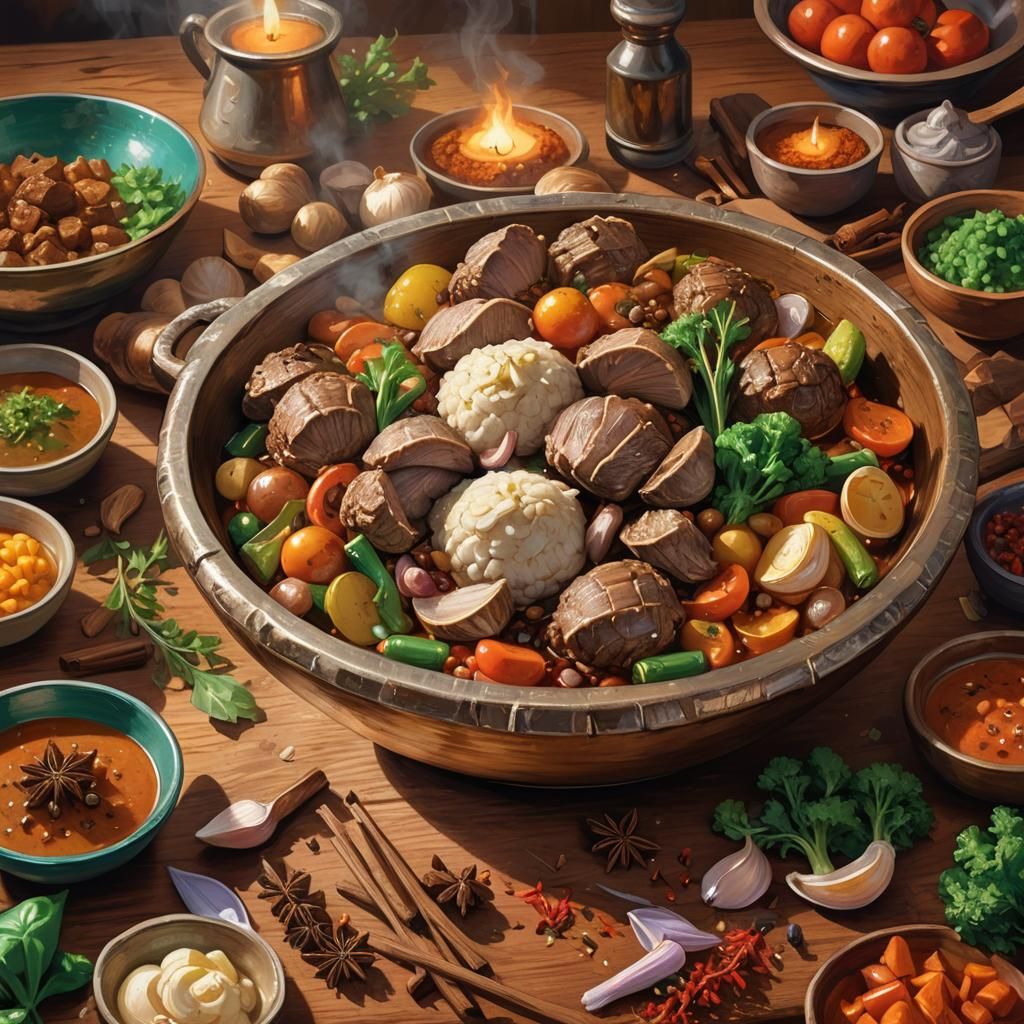 Fantasy Lamb Stew in Iridescent Shell Bowl