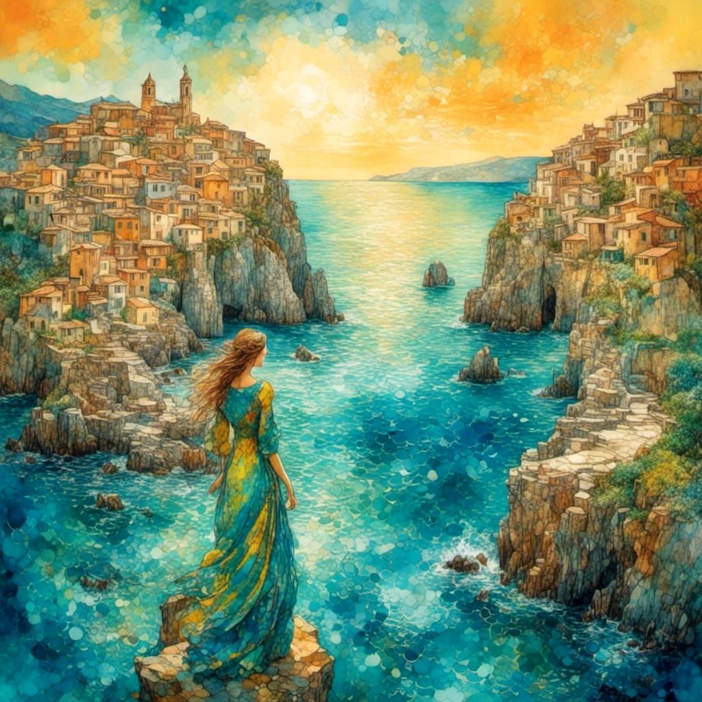 Mediterranean Vista: Serene Watercolor Impasto Painting