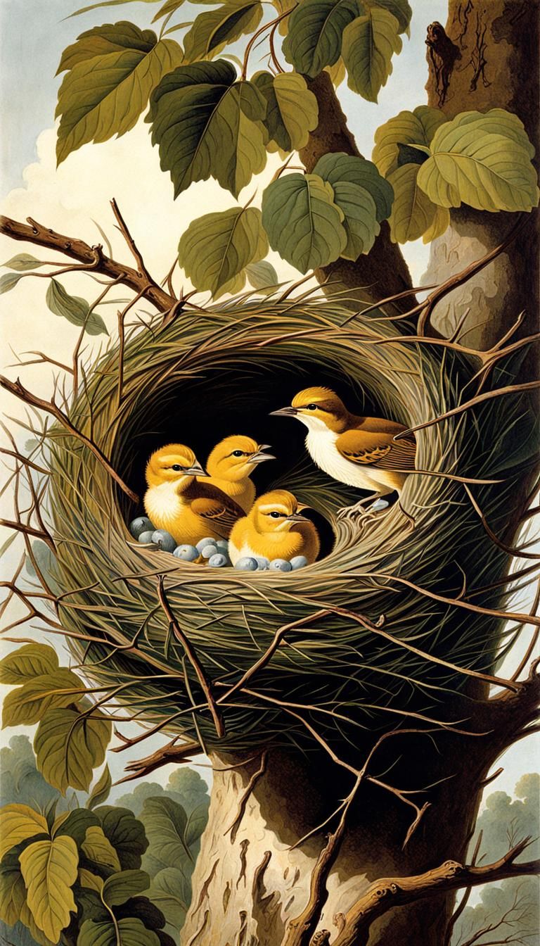 Detailed Bird Nest Illustration in Audubon Style