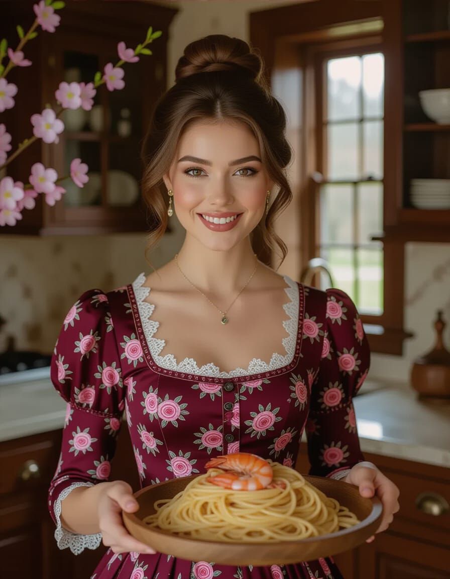 Victorian Woman Smiles with Seafood Spaghetti