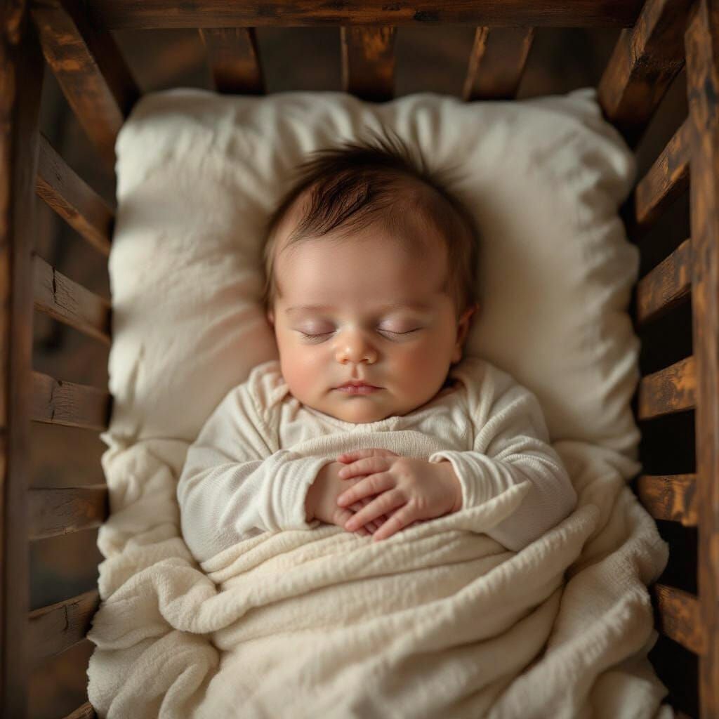 Newborn Baby Asleep in Ancient Wooden Crib