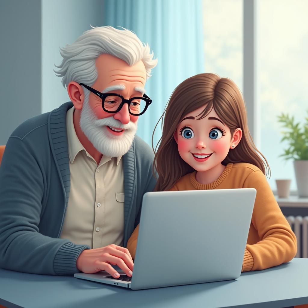 Charming Image of Young Girl and Older Man Using Laptop