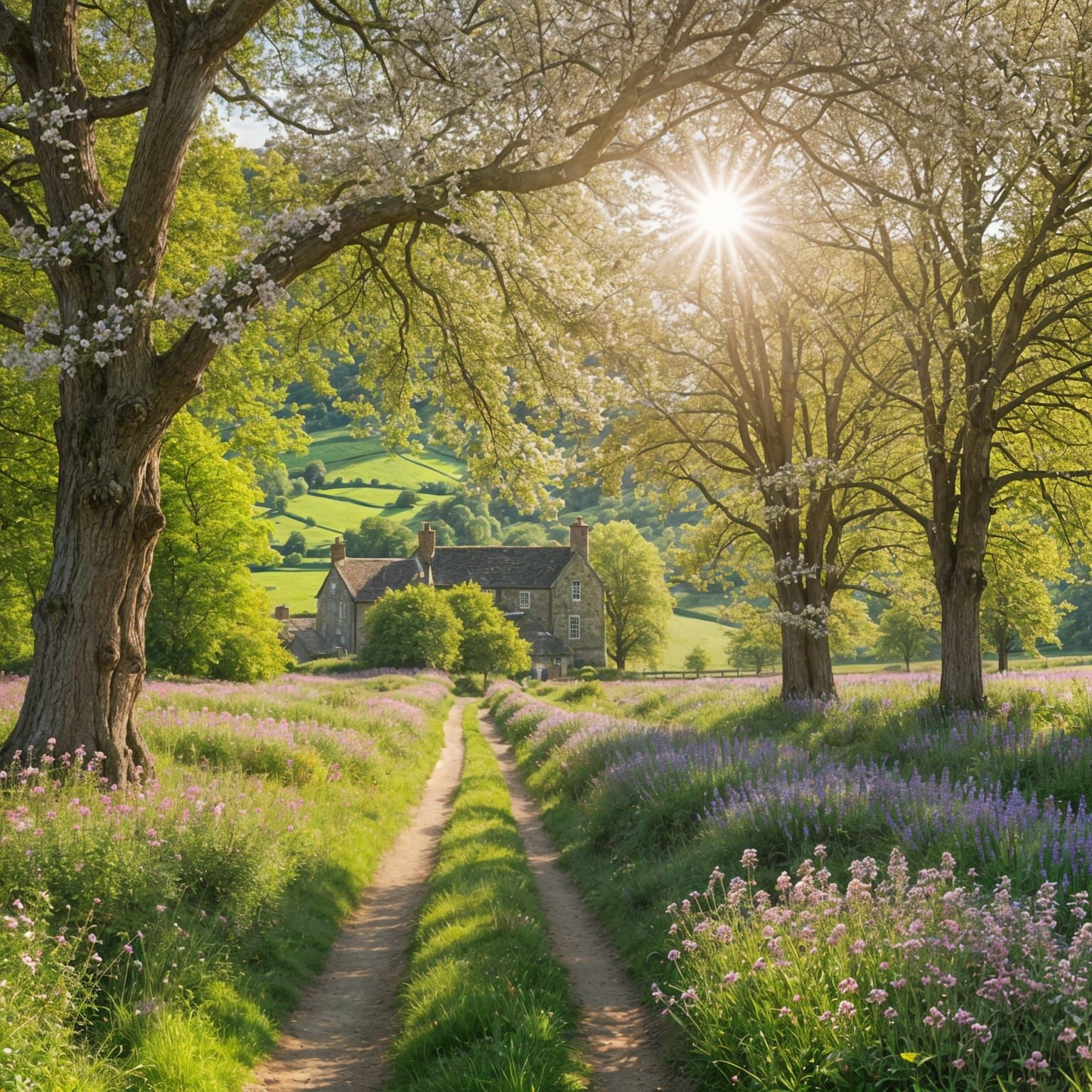 Idyllic English Countryside Scene with Wildflowers