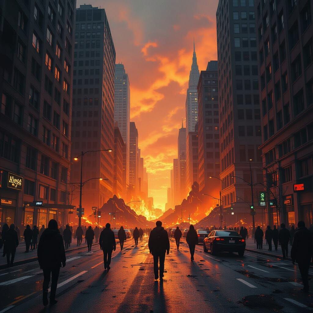 City Street Collapses into Fiery Abyss in Dystopian Style