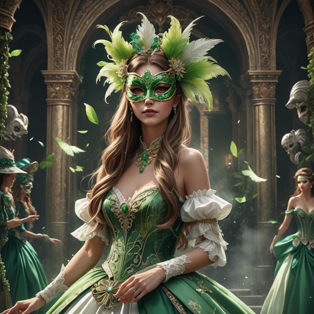 Shy Girl in Green Ballgown at Masquerade, Fantasy Art