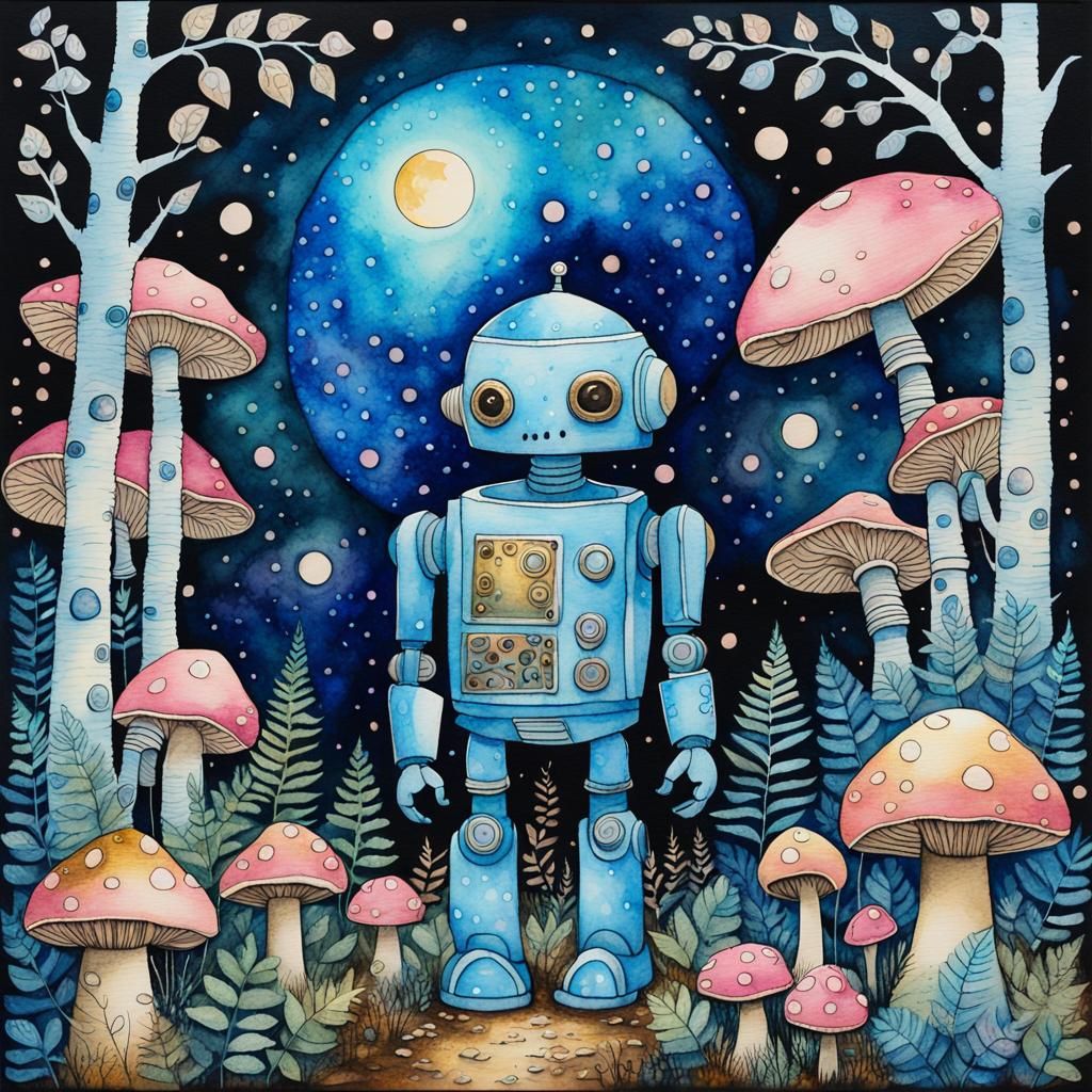 Cute Blue Robot in Moonlit Forest: Watercolour Art