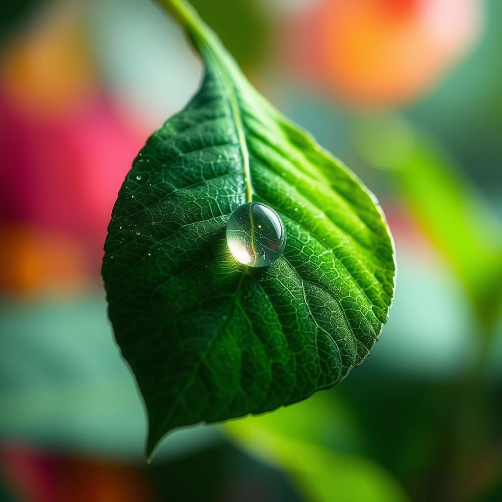Hyperrealistic Green Leaf with Water Droplet