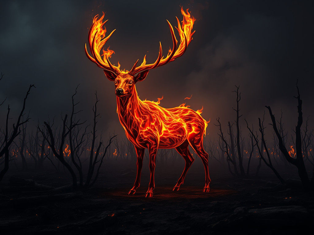 Flaming Stag in Scorched Forest, Surreal Digital Art