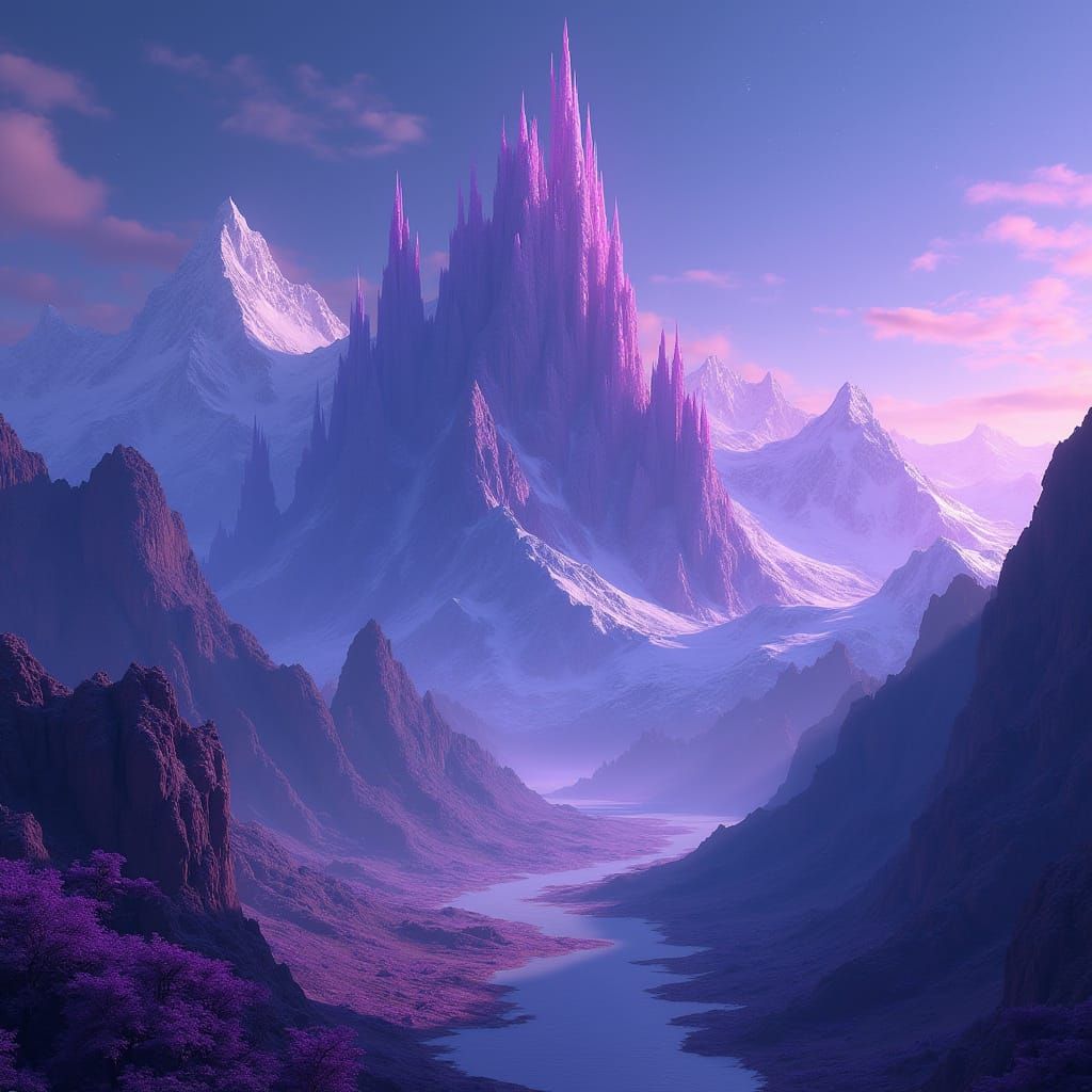 Ethereal Purple Mountains Soar Amidst Vibrant Dreamlike Skie...
