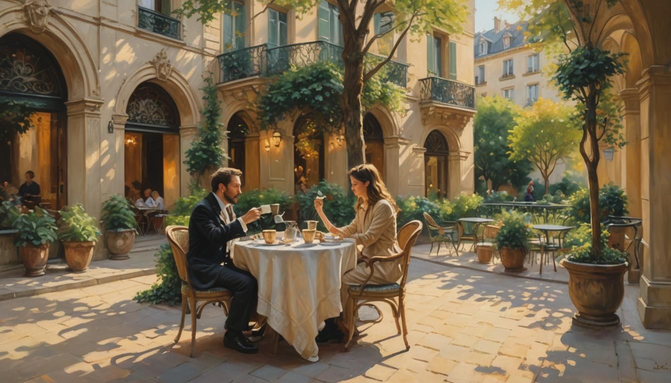 Paris Courtyard Oil Painting in Impressionistic Style