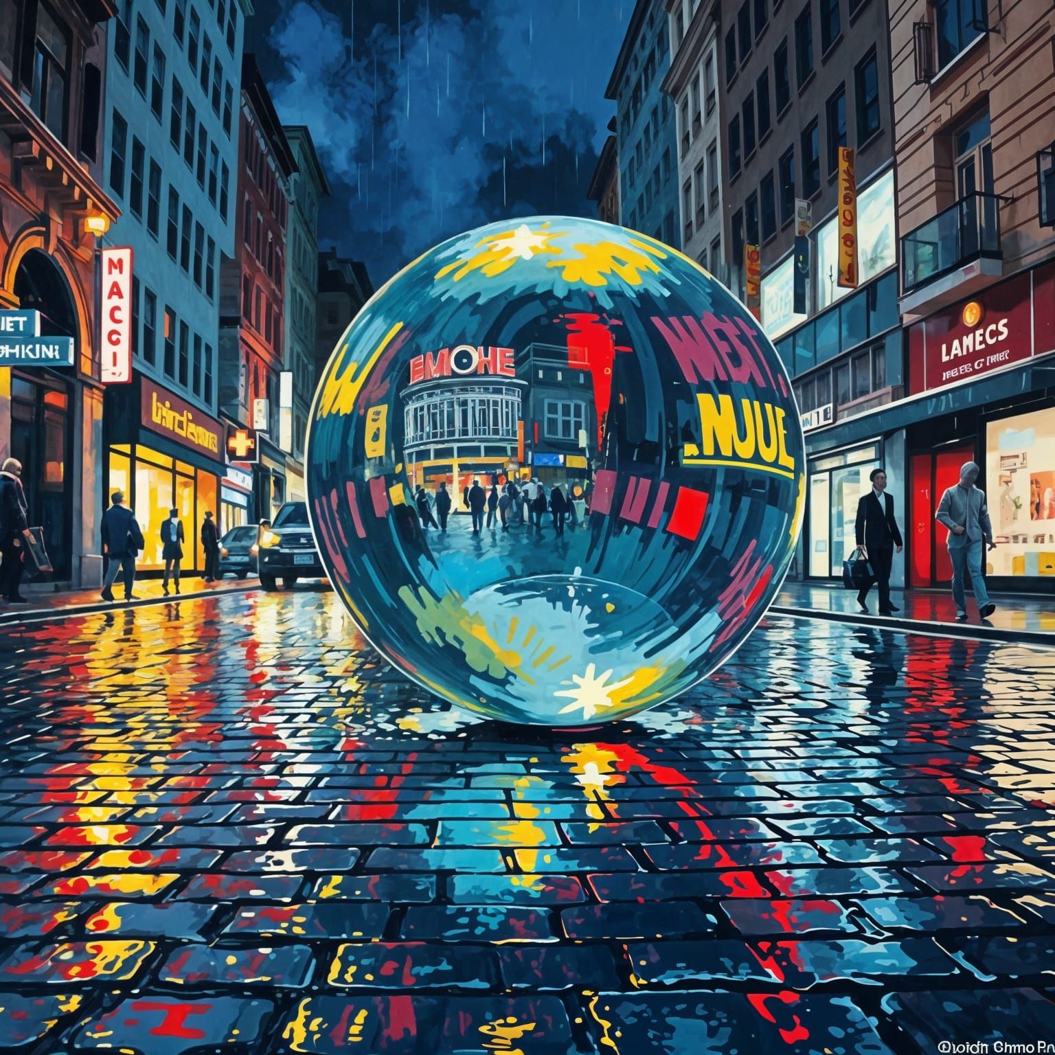 Glass Sphere Reflects Neon Lights, Neo-Expressionism Style