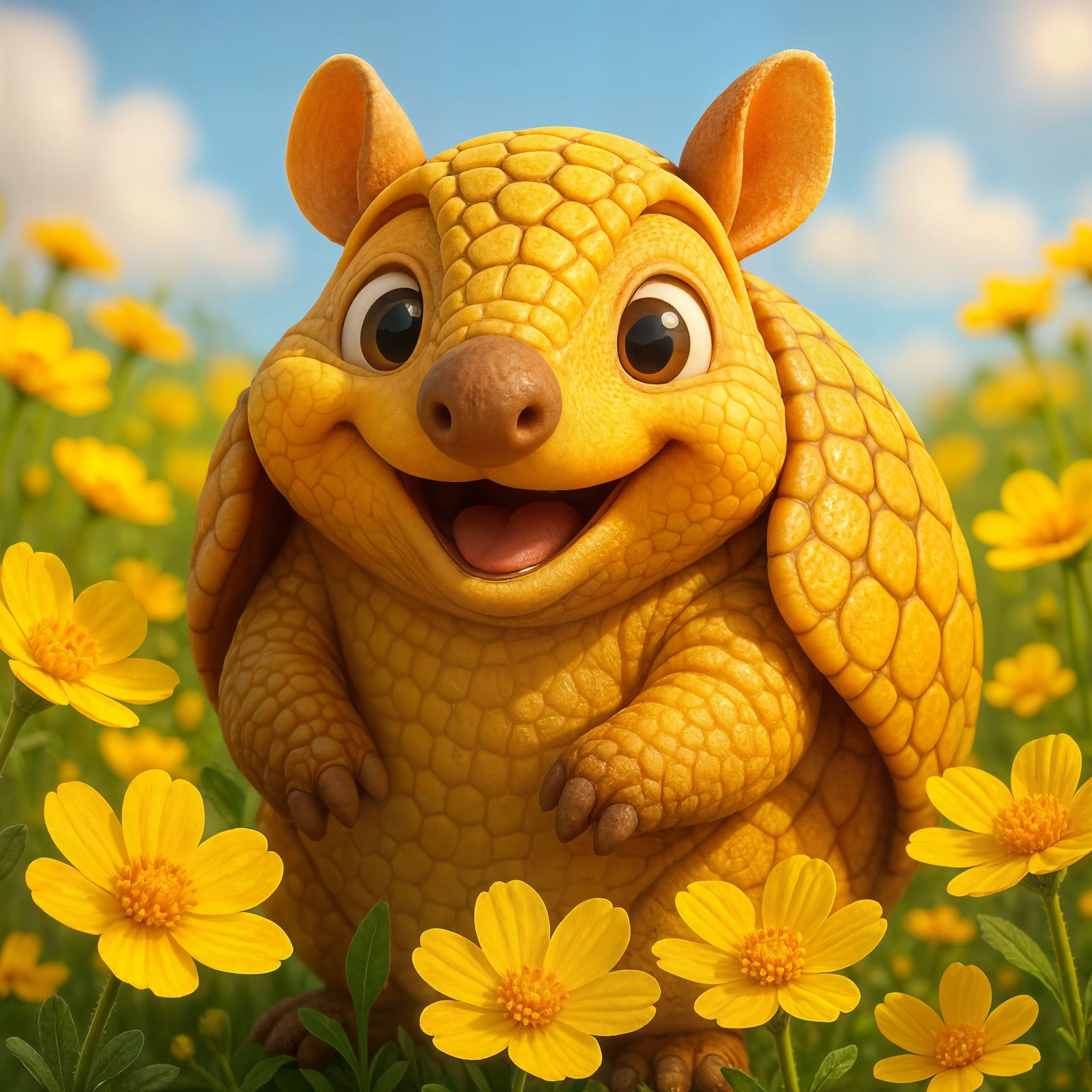 Adorable CGI Yellow Armadillo in Flowers on Sunny Day