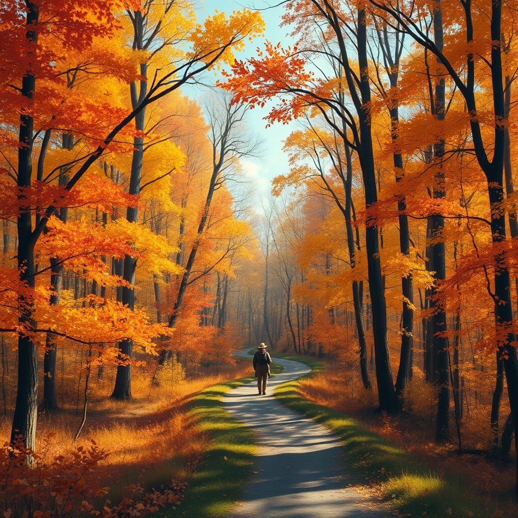 Earth Toned Bird Watcher Amidst Vibrant Autumn Forest