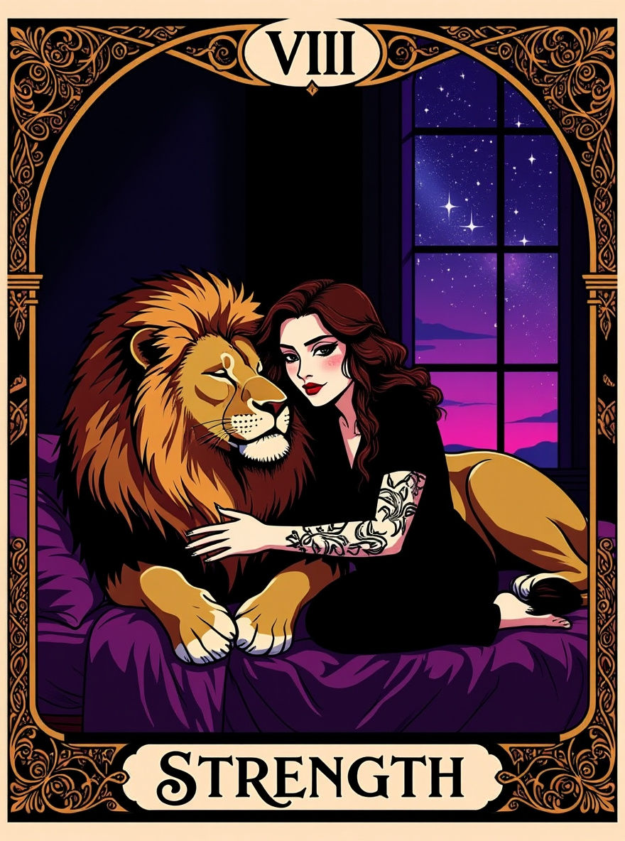 Gothic Strength Tarot Card with Lion