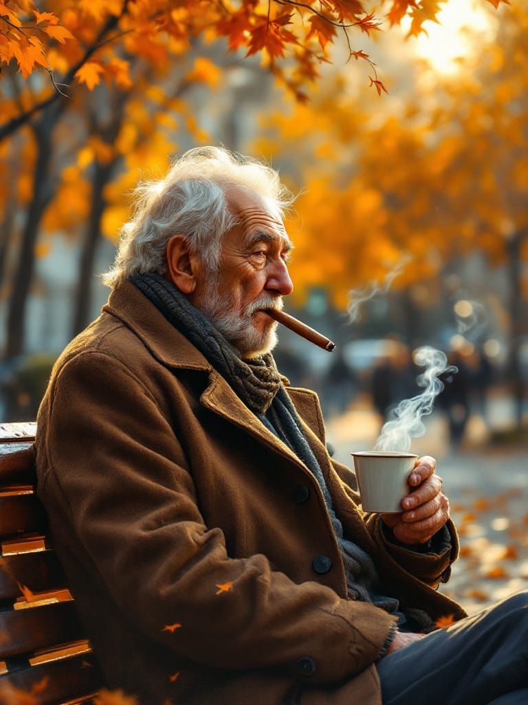 Golden Hour Serenity: Man Enjoys Coffee and Cigar on City Be...