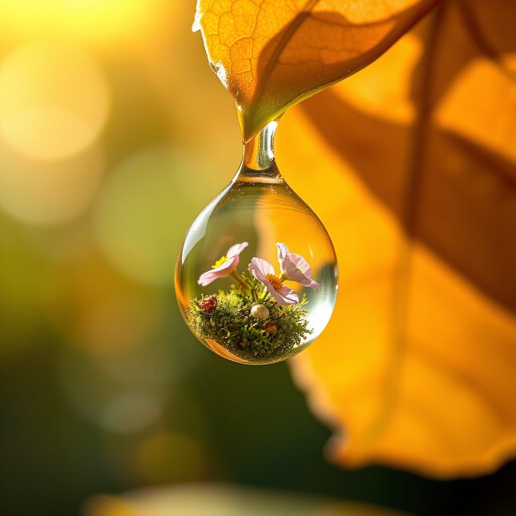 Water Drop World: Hyperrealistic Summer Moss and Flowers