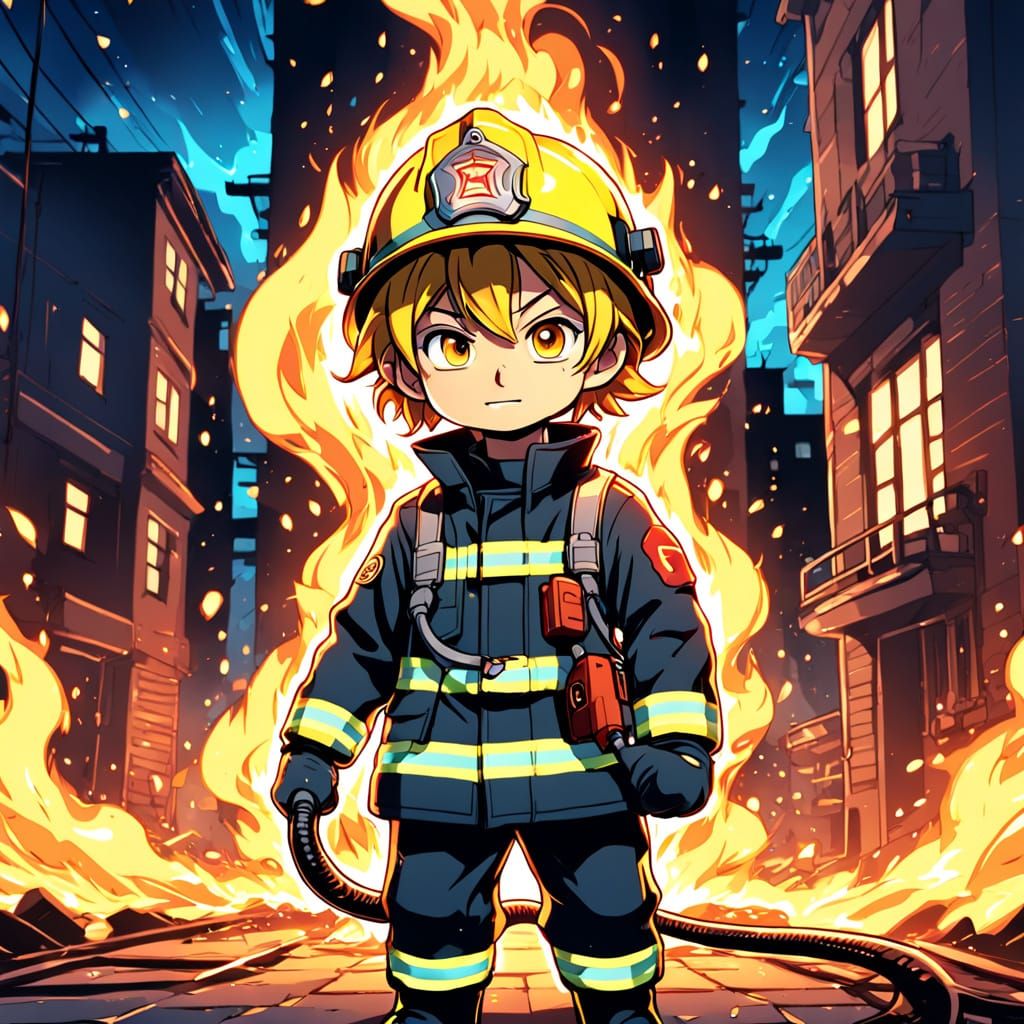 Vibrant Chibi Fire Fighter in Chiaroscuro Style