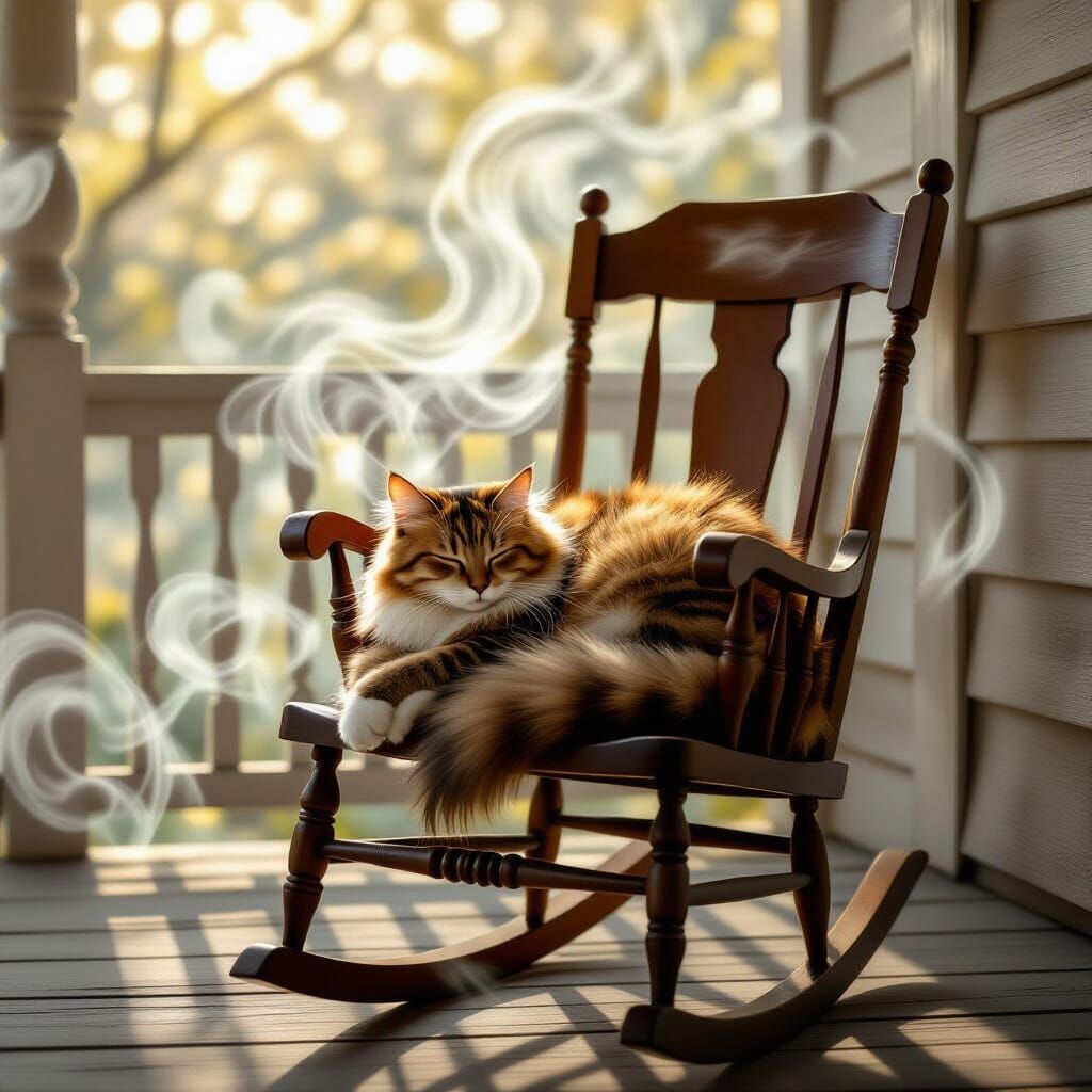 Cat on Porch in Dreamlike Thomas Kinkade Style