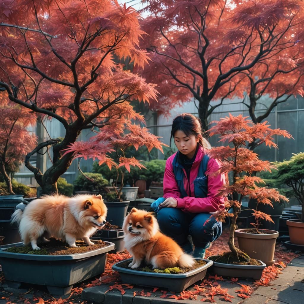 Bonsai Gardener with Pomeranian in Neon Synthwave Style