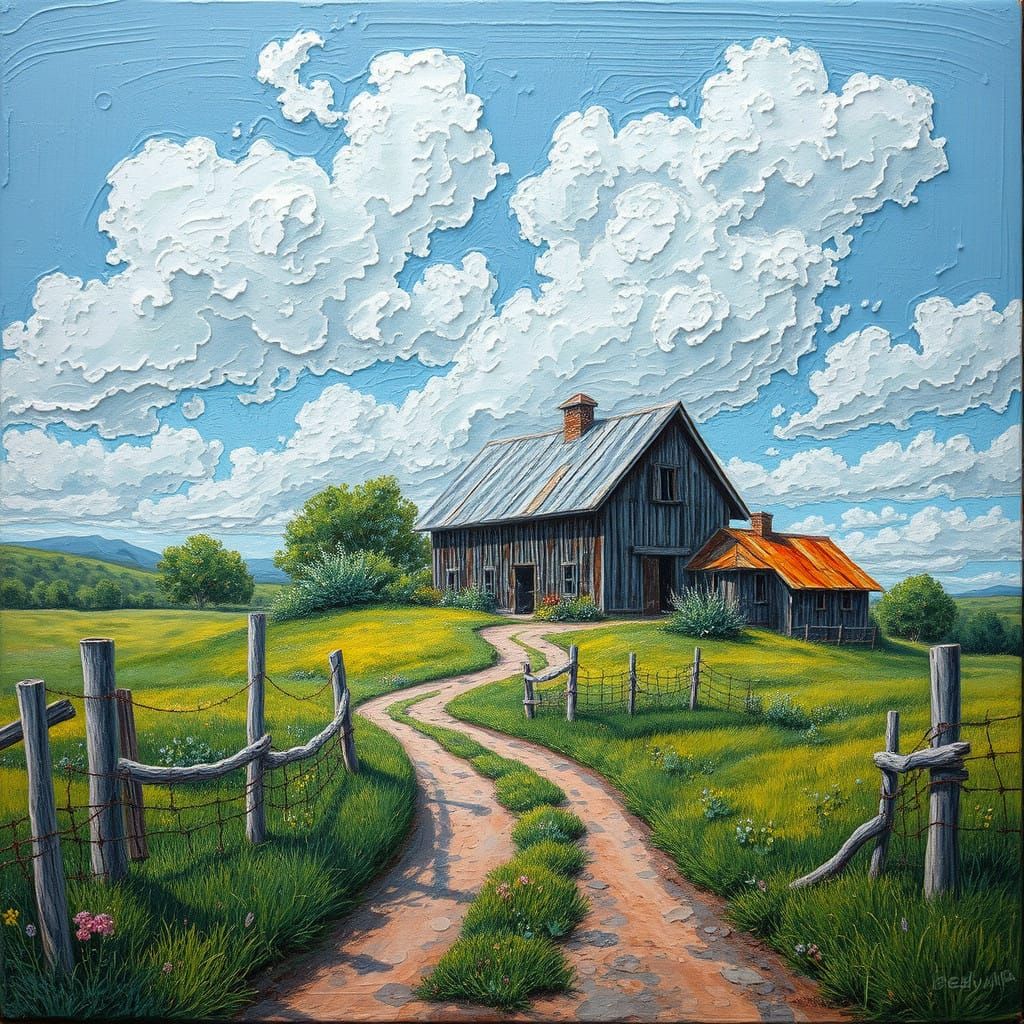 Vibrant Quilling Oil Painting of Classic Farm on Wooden Pall...