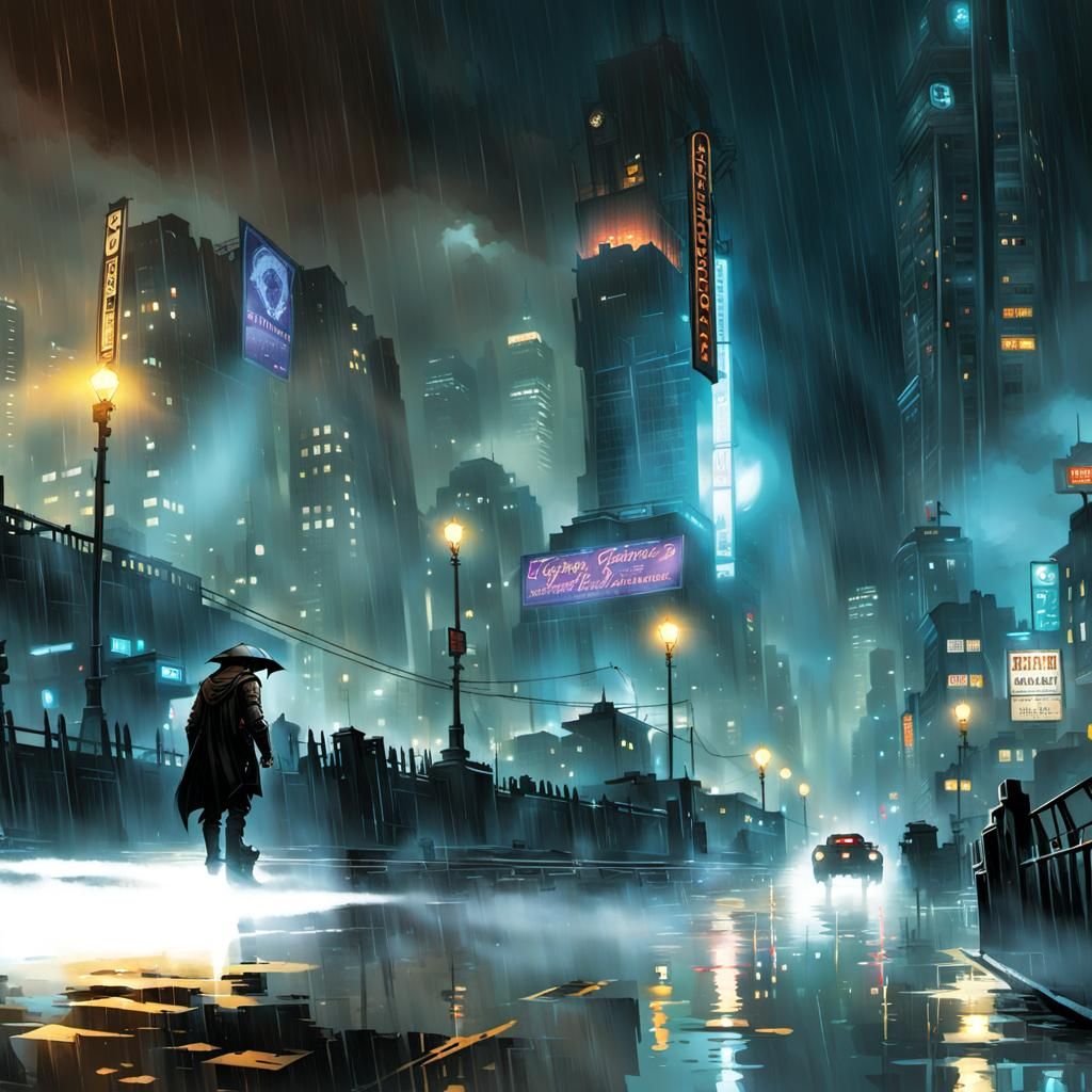 Rainy Cyberpunk Cityscape in Comic Art Style