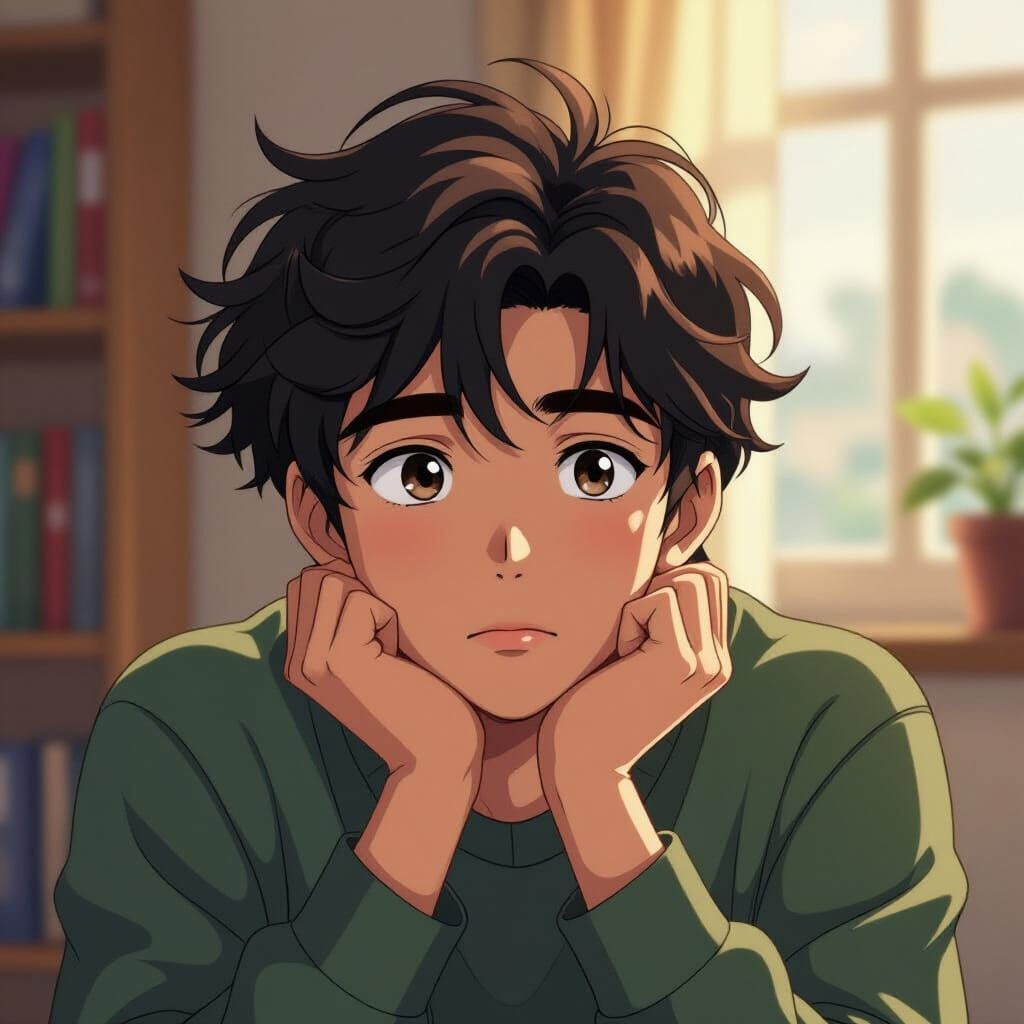 Puzzled Teenager in Vibrant Anime Style
